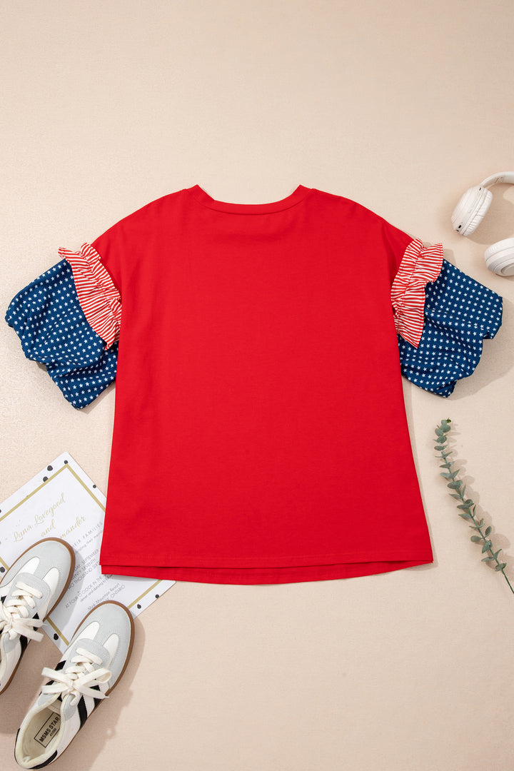 Fiery Red Plus Size Striped Ruffles Star Short Bubble Sleeve Patchwork Top