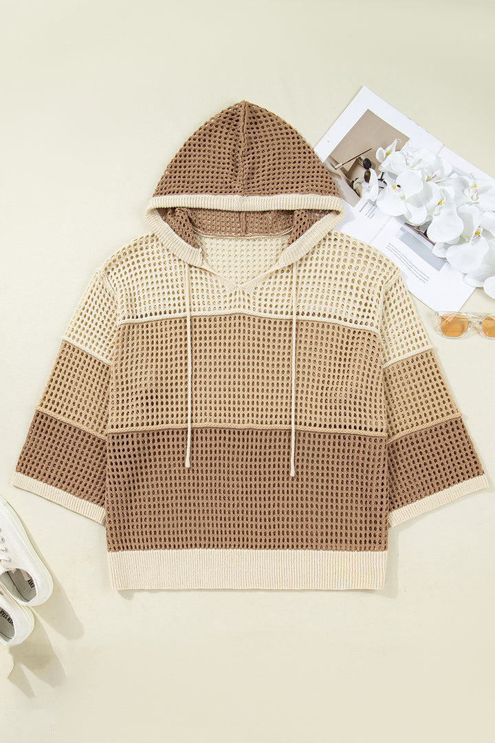 Parchment Colorblock Hollowed Knit Plus Size Hooded Jumper Sweater