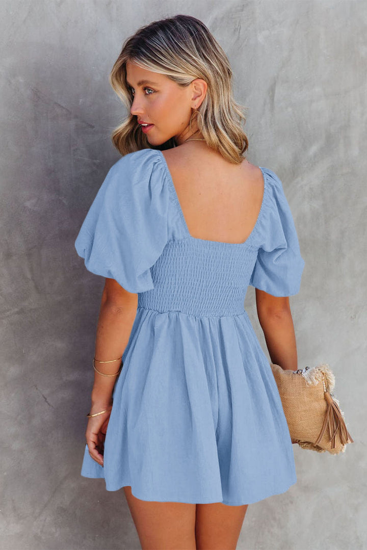 Sky Blue Brown Square Neck Ruched Puff Sleeve Romper