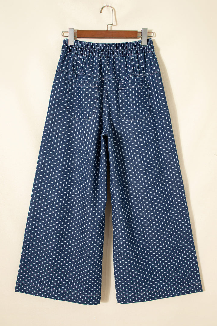 Sky Blue Polka Dot Print Button Pleated Detail Wide Leg Jeans