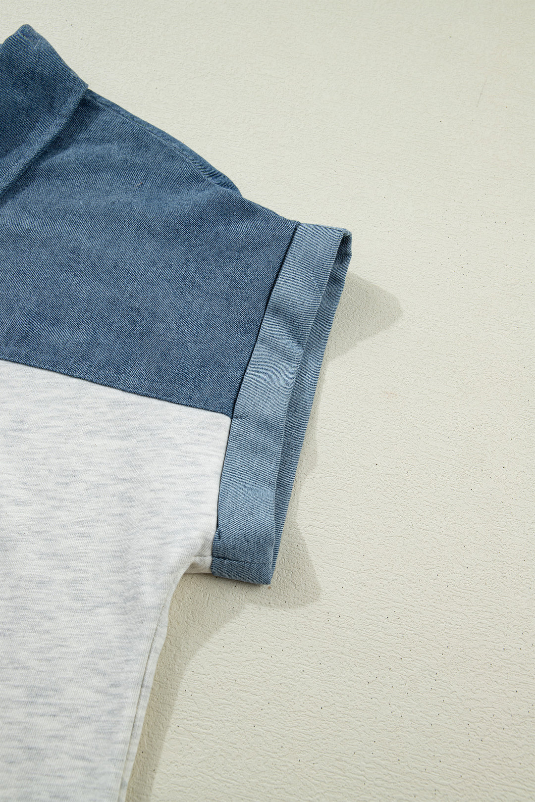 Color Block Denim Patchwork Button Polo Collar Short Sleeve Top