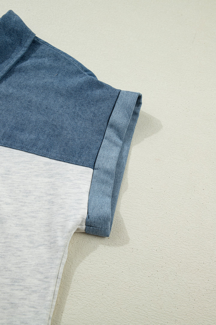 Color Block Denim Patchwork Button Polo Collar Short Sleeve Top