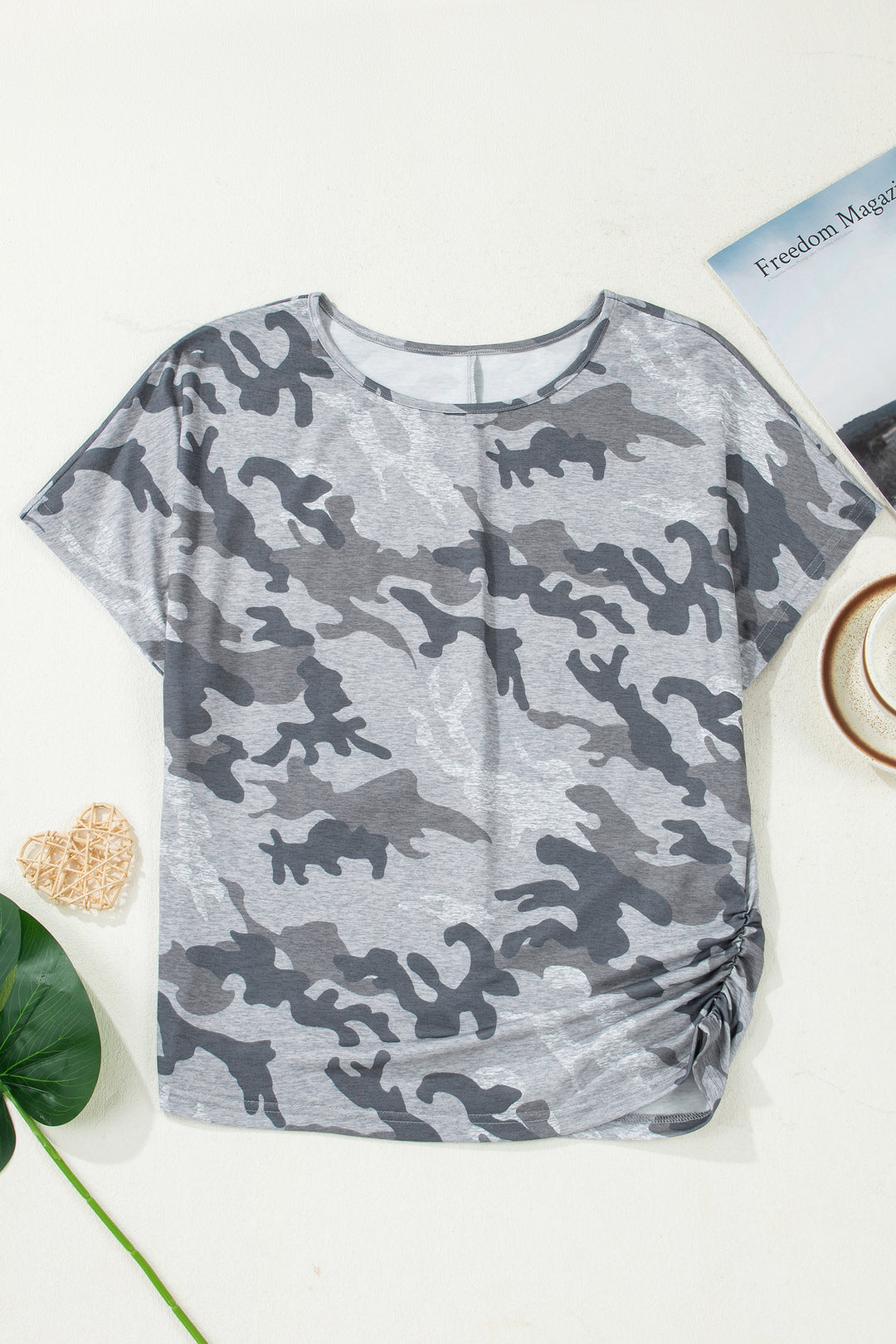 Casual Gray Camouflage Print Round Neck T Shirt