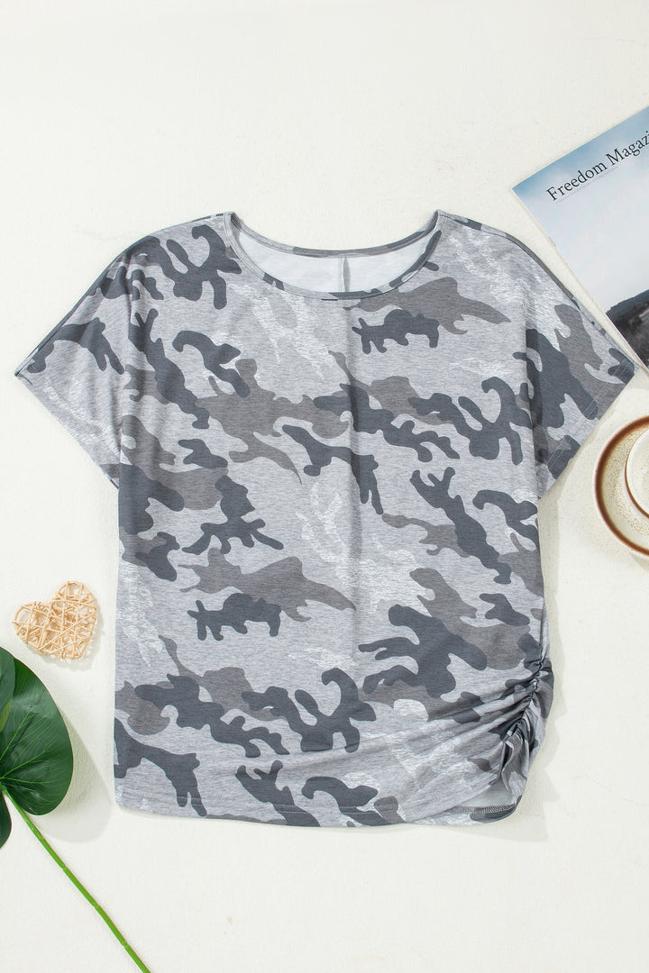 Casual Gray Camouflage Print Round Neck T Shirt