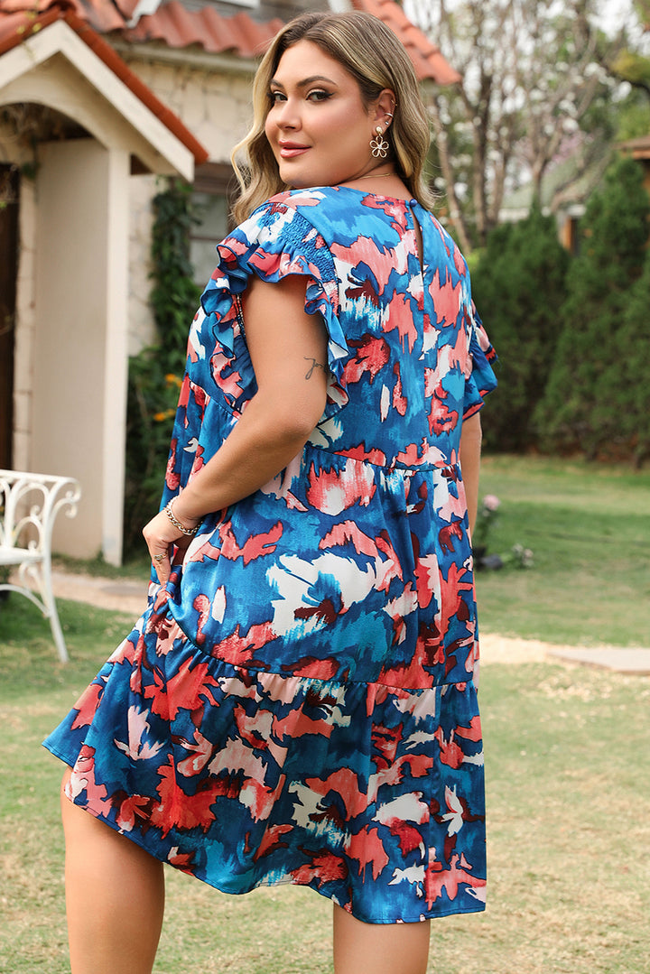 Blue Abstract Print Short Sleeve Tiered Plus Size Mini Dress