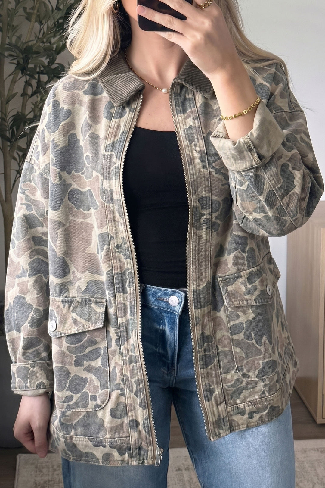 Multicolour Retro Camouflage Print Corduroy Contrast Collar Zip Denim Jacket