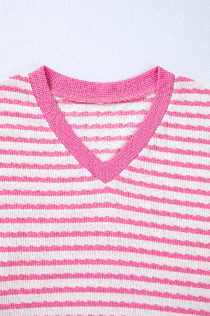 Textured Knit Contrast Trim V Neck Short Sleeve Top