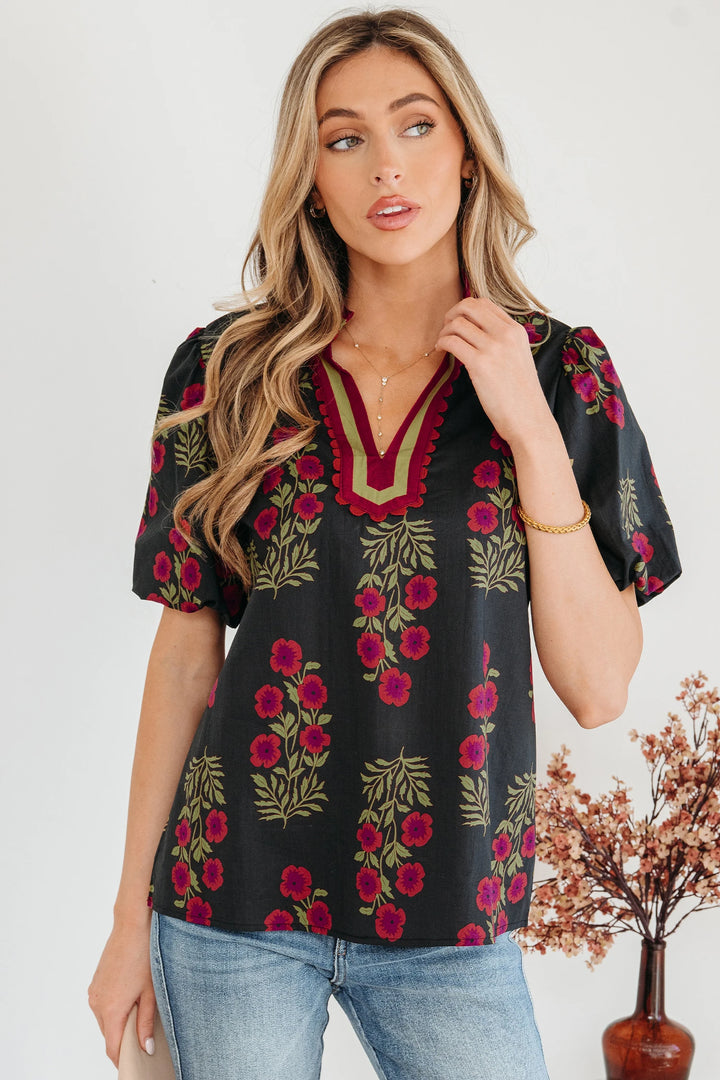 Floral Short Bubble Sleeve Contrast Slit Neckline Blouse