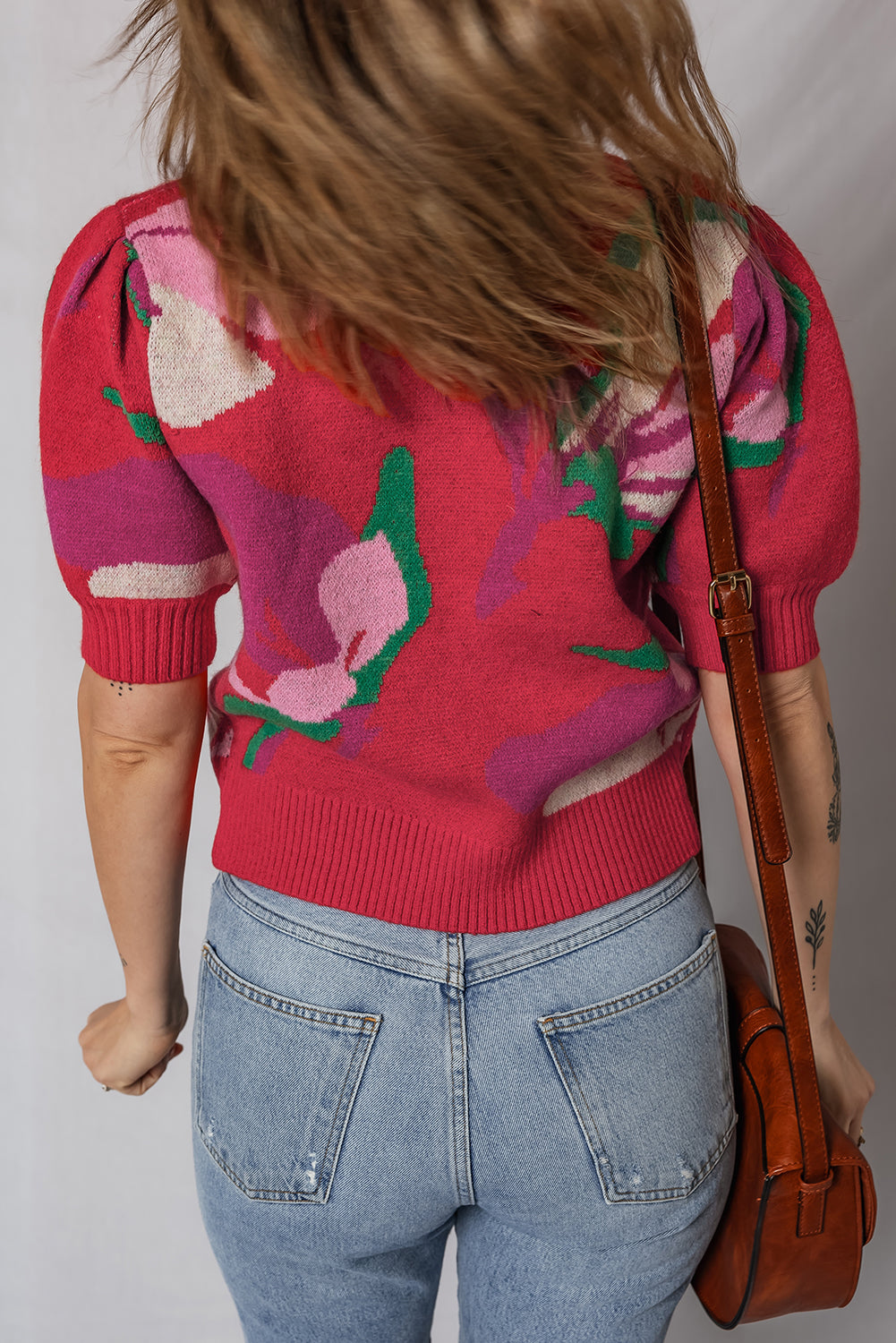 Floral Abstract Print Short Puff Sleeve Sweater