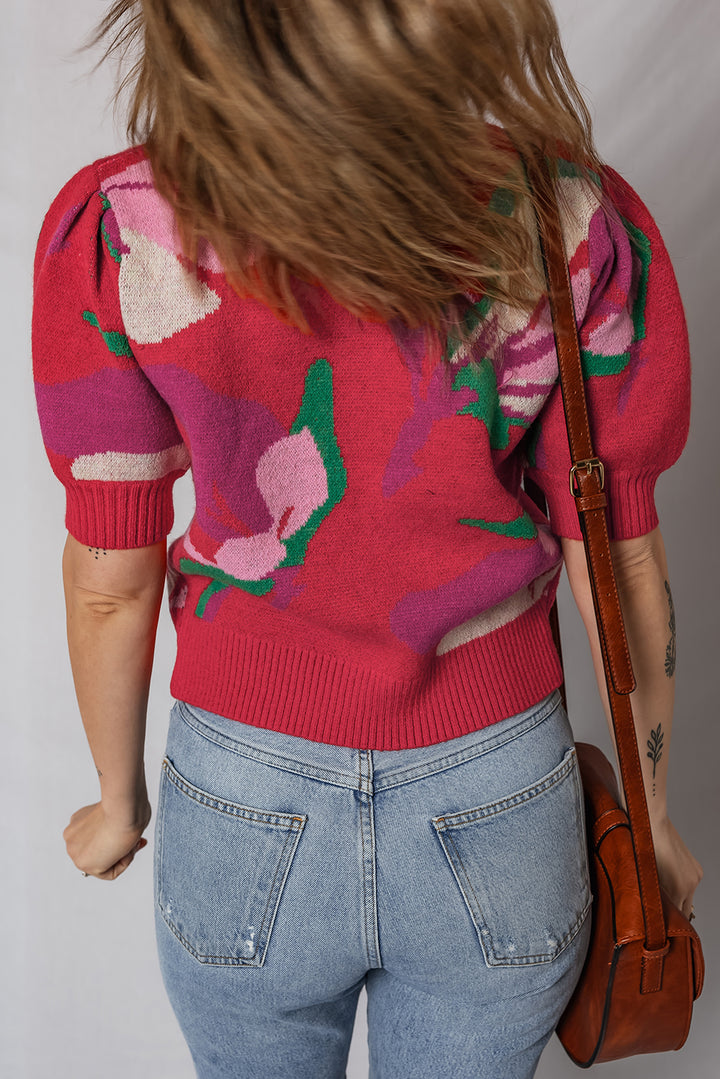 Floral Abstract Print Short Puff Sleeve Sweater