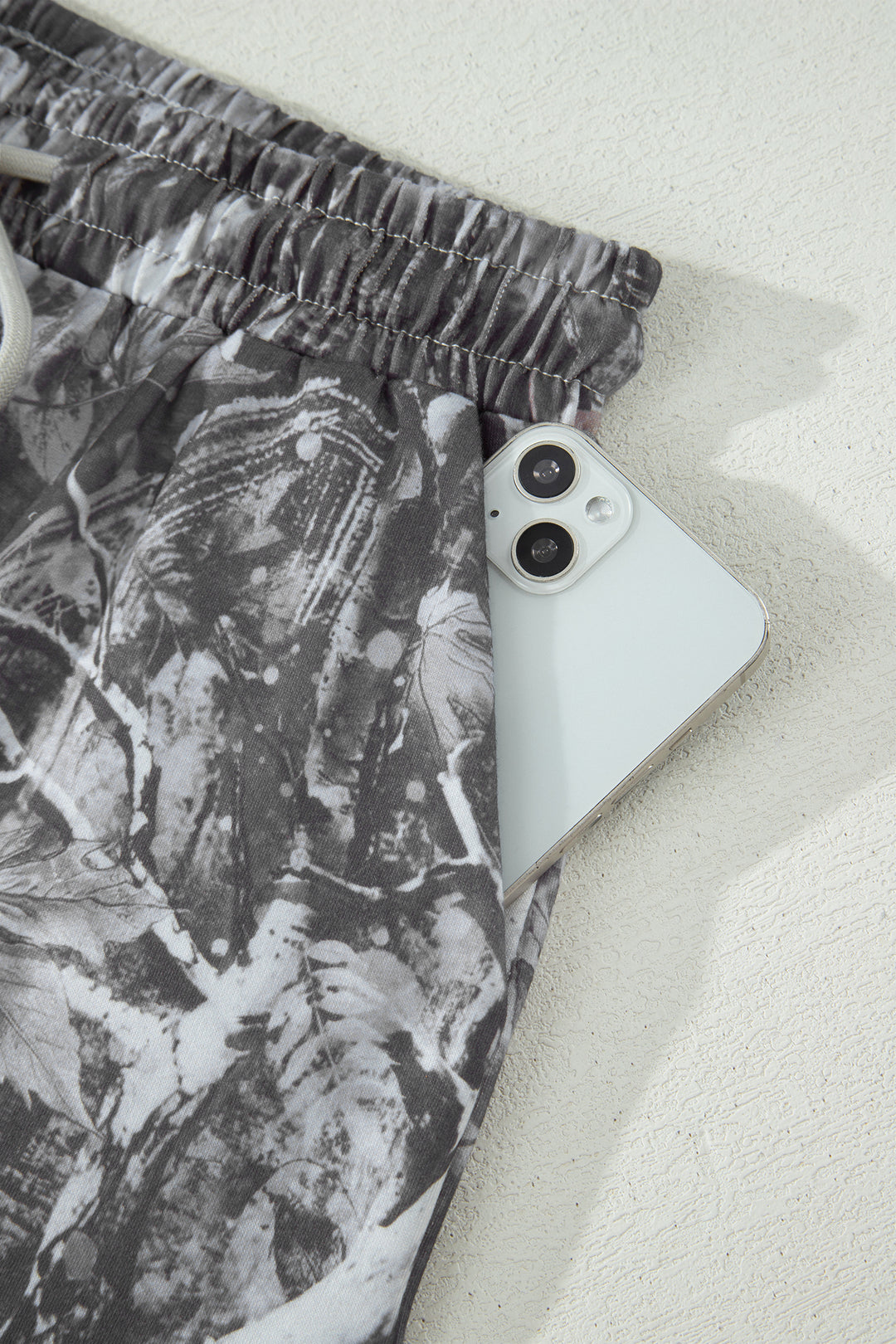 Gray Abstract Maple Leaf Printed Tie Elastic Waist Shorts