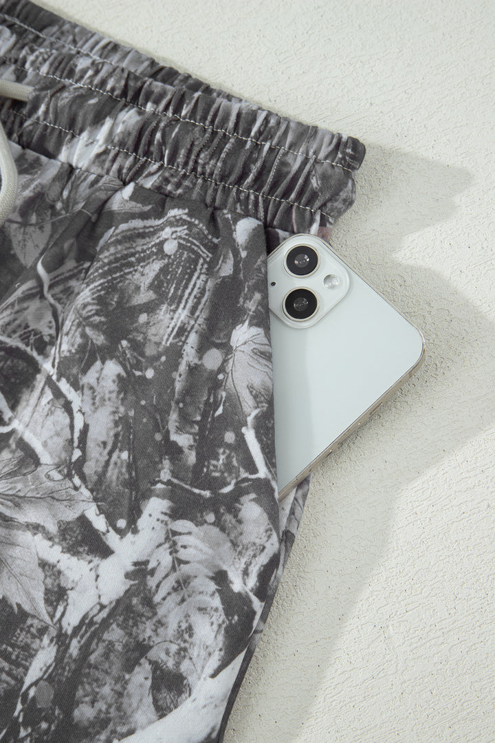 Gray Abstract Maple Leaf Printed Tie Elastic Waist Shorts
