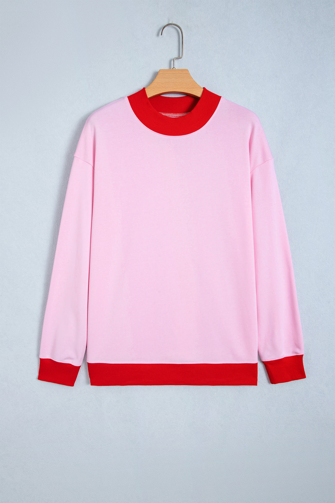 Pink Colorblock Trim Crewneck Long Sleeve Pullover Sweatshirt