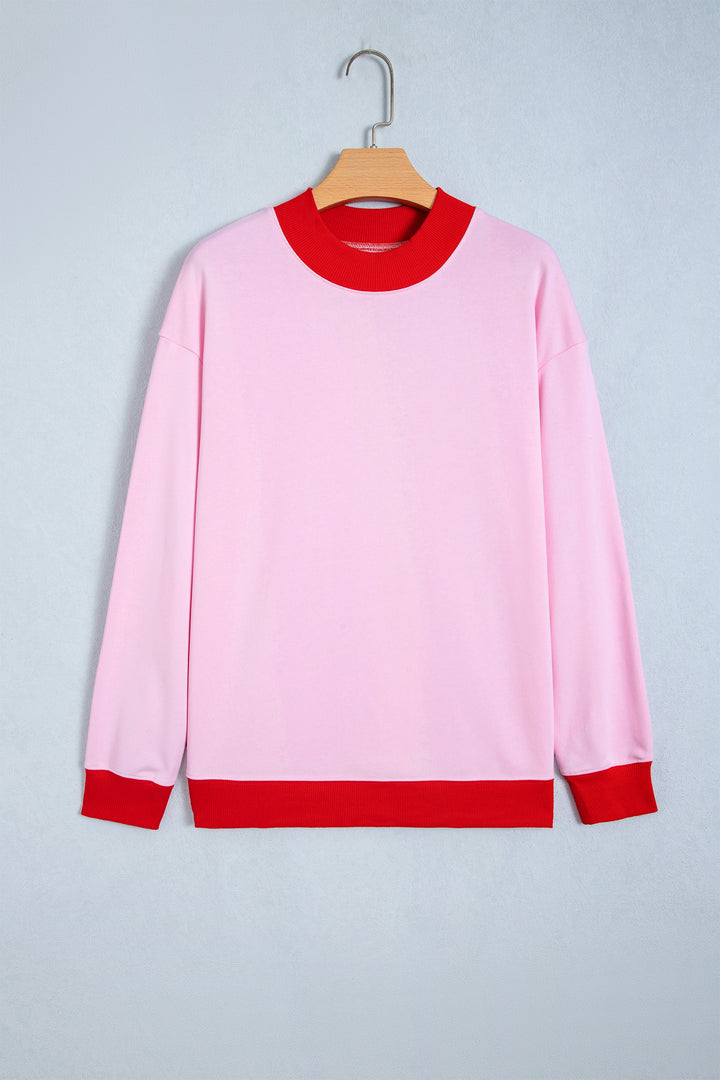 Pink Colorblock Trim Crewneck Long Sleeve Pullover Sweatshirt