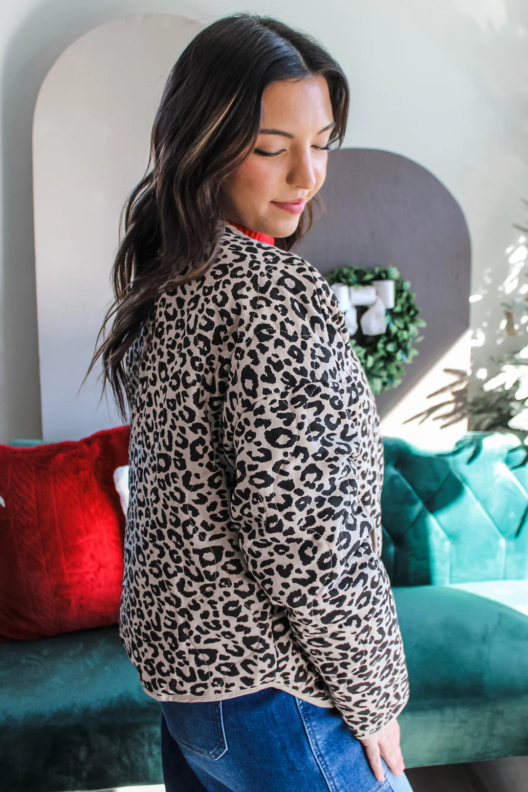 Khaki Leopard Print Patch Pockets Binding Tape Long Sleeve Regular Fit Jacket