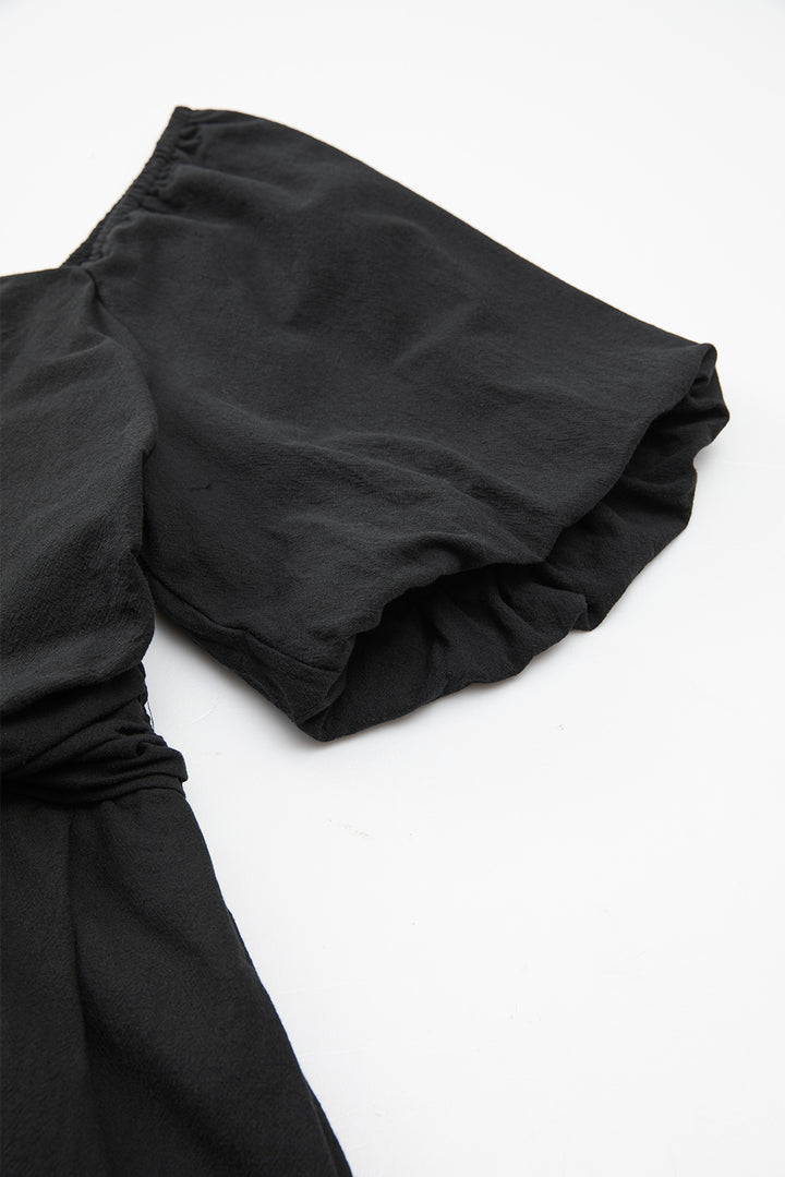 Black Square Neck Ruched Puff Sleeve Romper