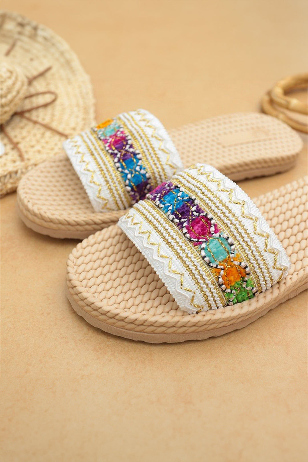 Bohemian Vacation Woven Colorful Detail Wide Band Slippers