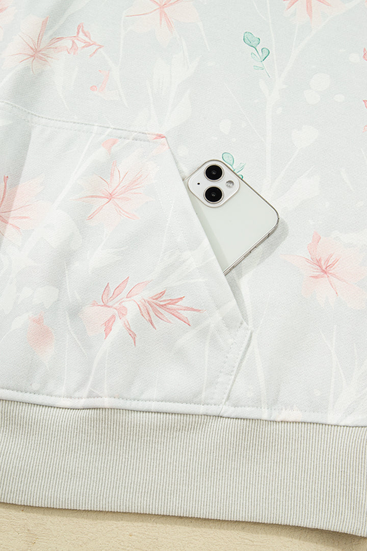 Gray Floral Print Plus Size Loose Hoodie