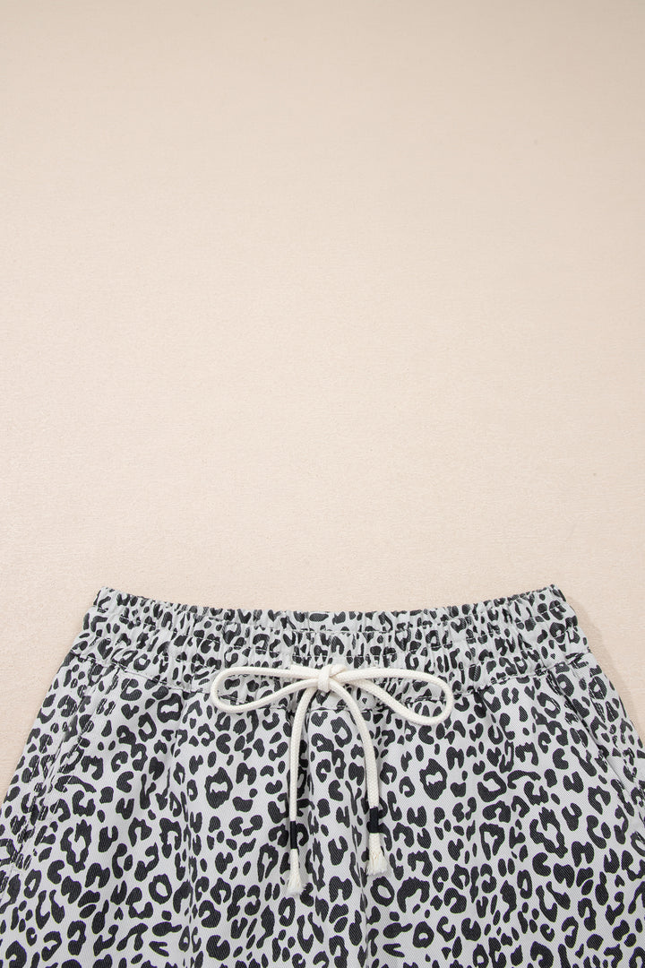 Khaki Leopard Print Tassel Drawstring Casual Denim Skort