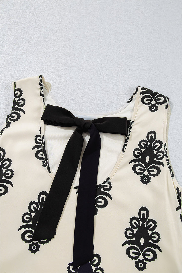 Geometric Printed Sleeveless Hollowed Bowknot Back Mini Dress