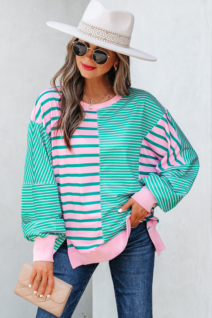 Mix Pattern Color Block Patchwork Side Slit Baggy Sweatshirt