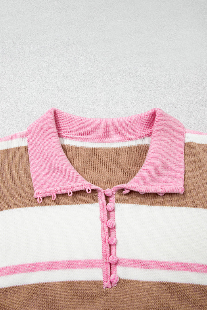 Pink Stripe Striped Colorblock V Neck Long Sleeve Tunic Sweater