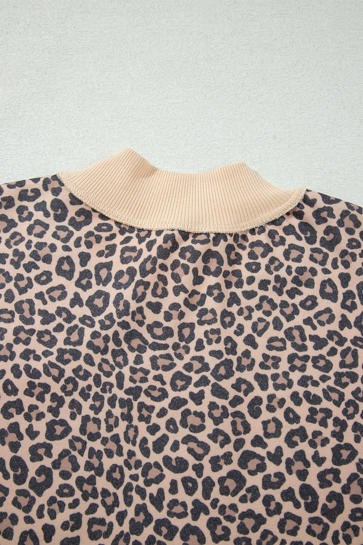 Multicolour Leopard Print High Neck Long Sleeve Ribbed Cuffs Hem Sweatshirt