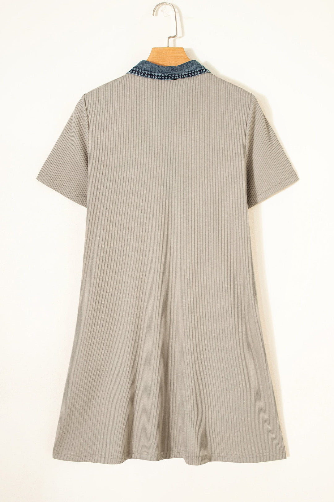 Beige Short Sleeve Ribbed Knit Denim Patchwork Polo Collar Dress