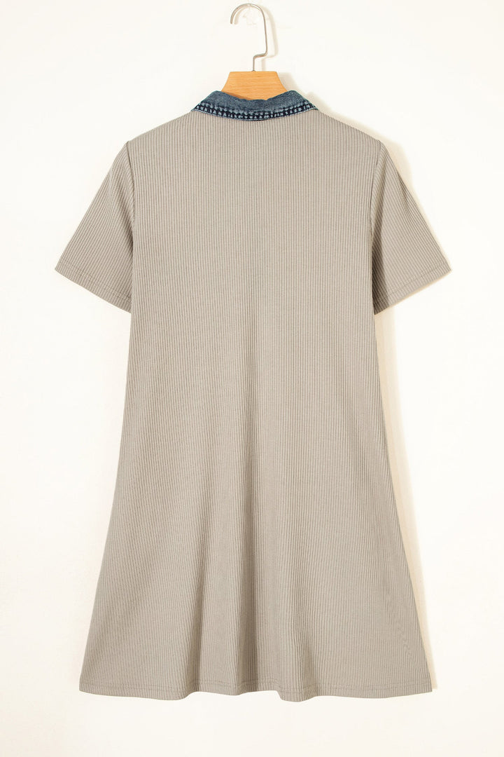 Beige Short Sleeve Ribbed Knit Denim Patchwork Polo Collar Dress