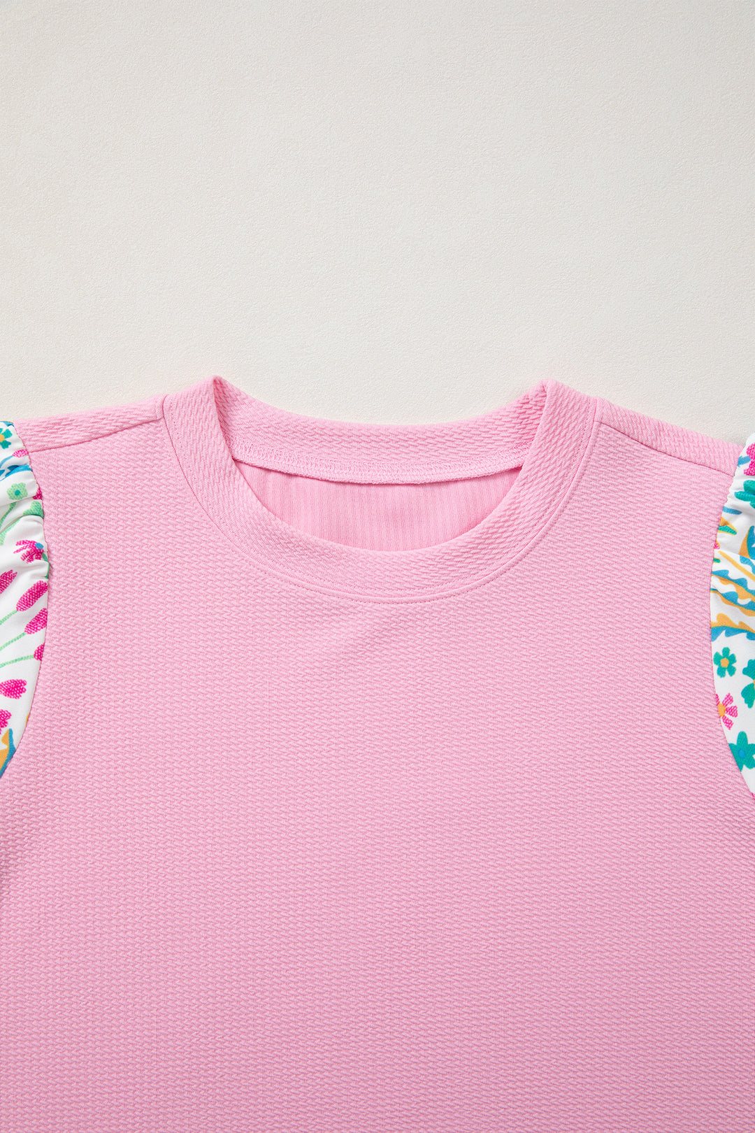 Pink Round Neck Textured Contrast Floral Bubble Sleeve Blouse