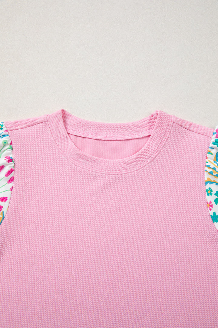 Pink Round Neck Textured Contrast Floral Bubble Sleeve Blouse