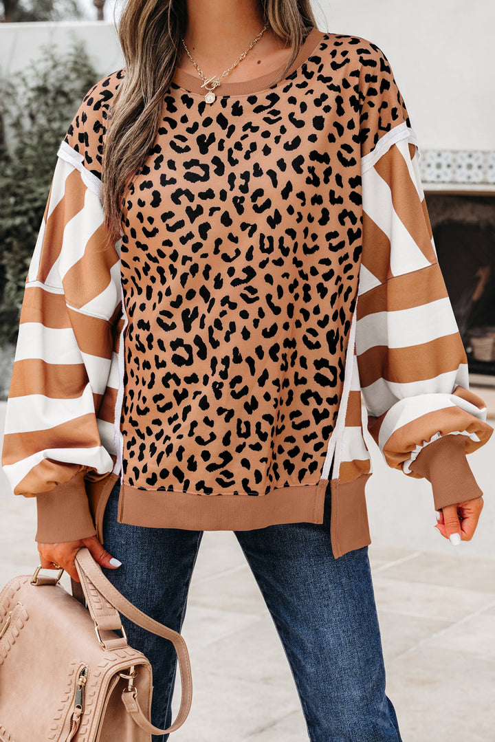 Color Block Patchwork Leopard Casual Sweatshirt with Slits