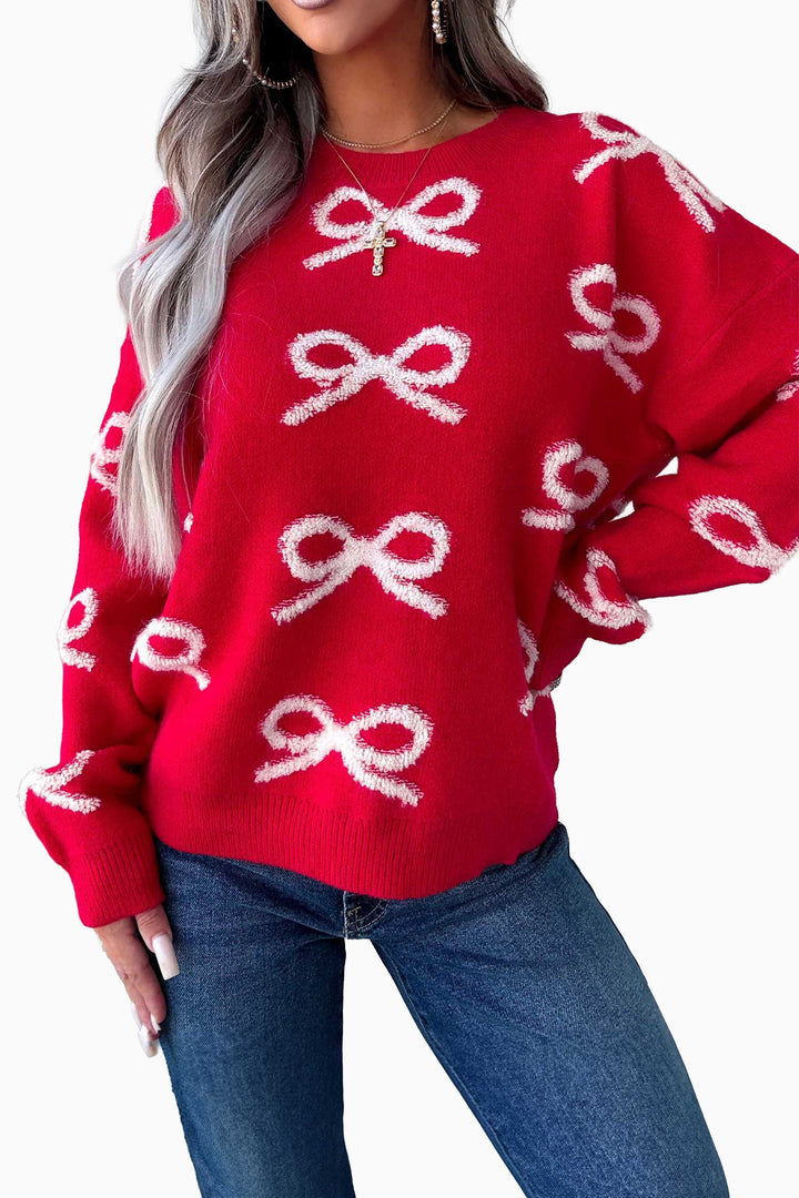 Fiery Red All Over Bow Dropped Shoulder Round Neck Shift Sweater