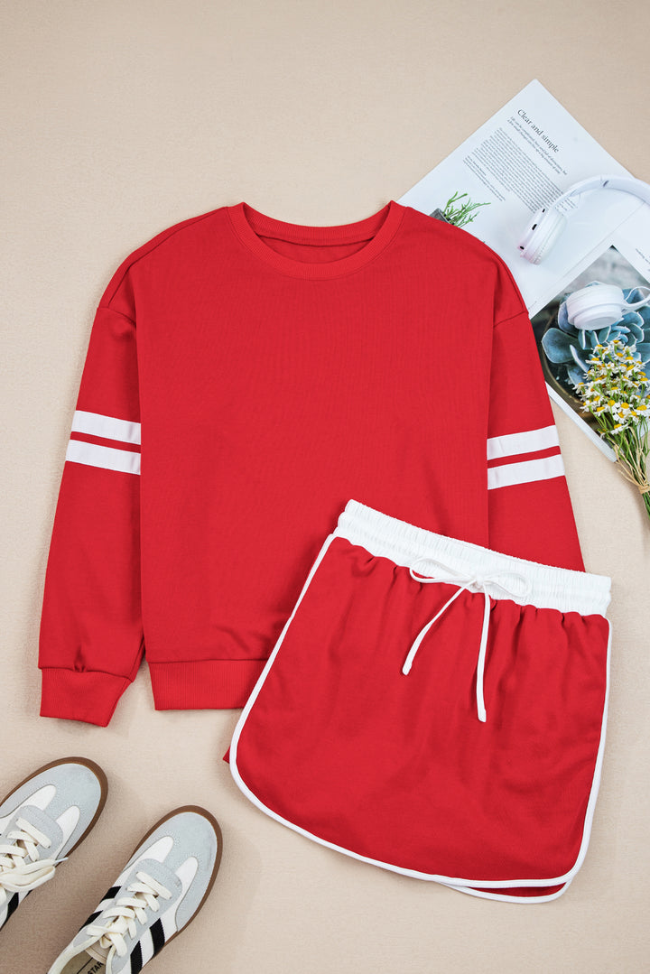 Fiery Red Varsity Stripe Detail Pullover Mini Skort Set