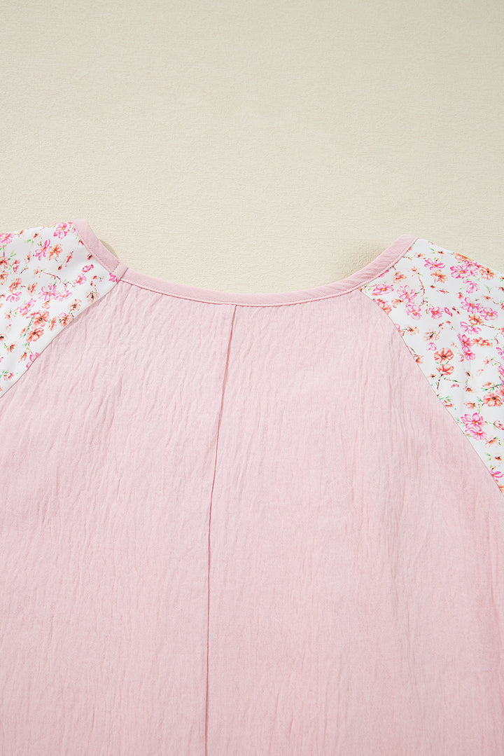 Pink Contrast Floral Patchwork Long Sleeve Plus Size Blouse
