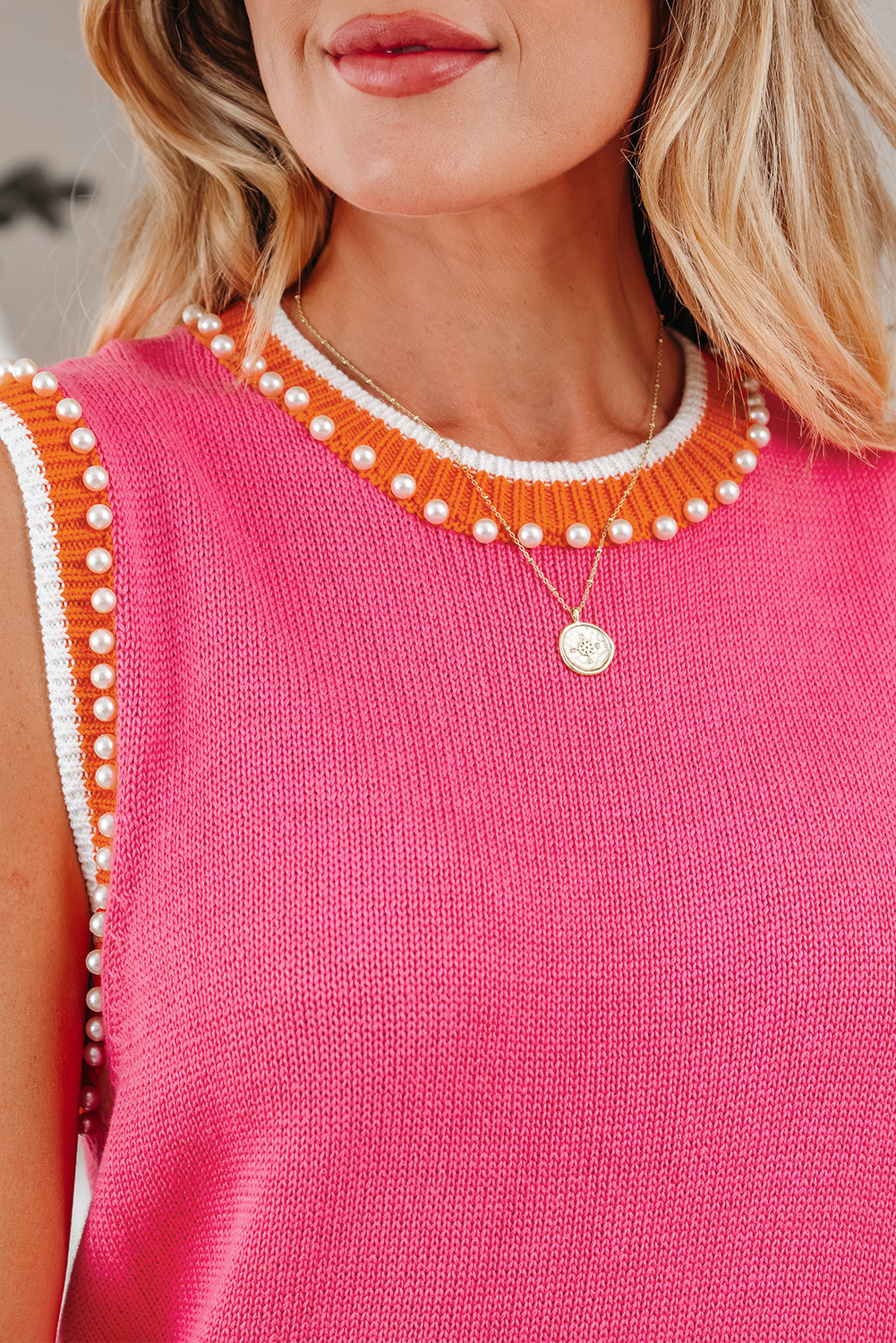 Contrast Trim Pearl Detail Sweater Tank Top