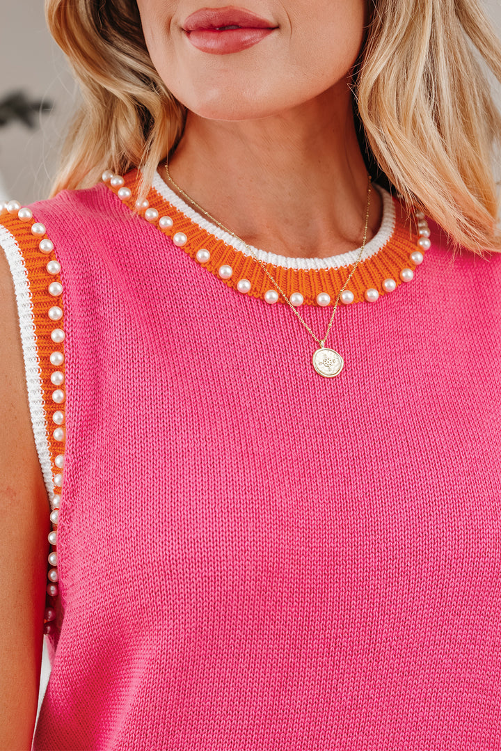 Contrast Trim Pearl Detail Sweater Tank Top
