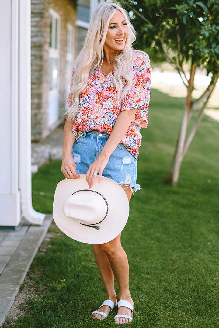 Multicolor Notch V Neck Gorgeous Floral Blouse