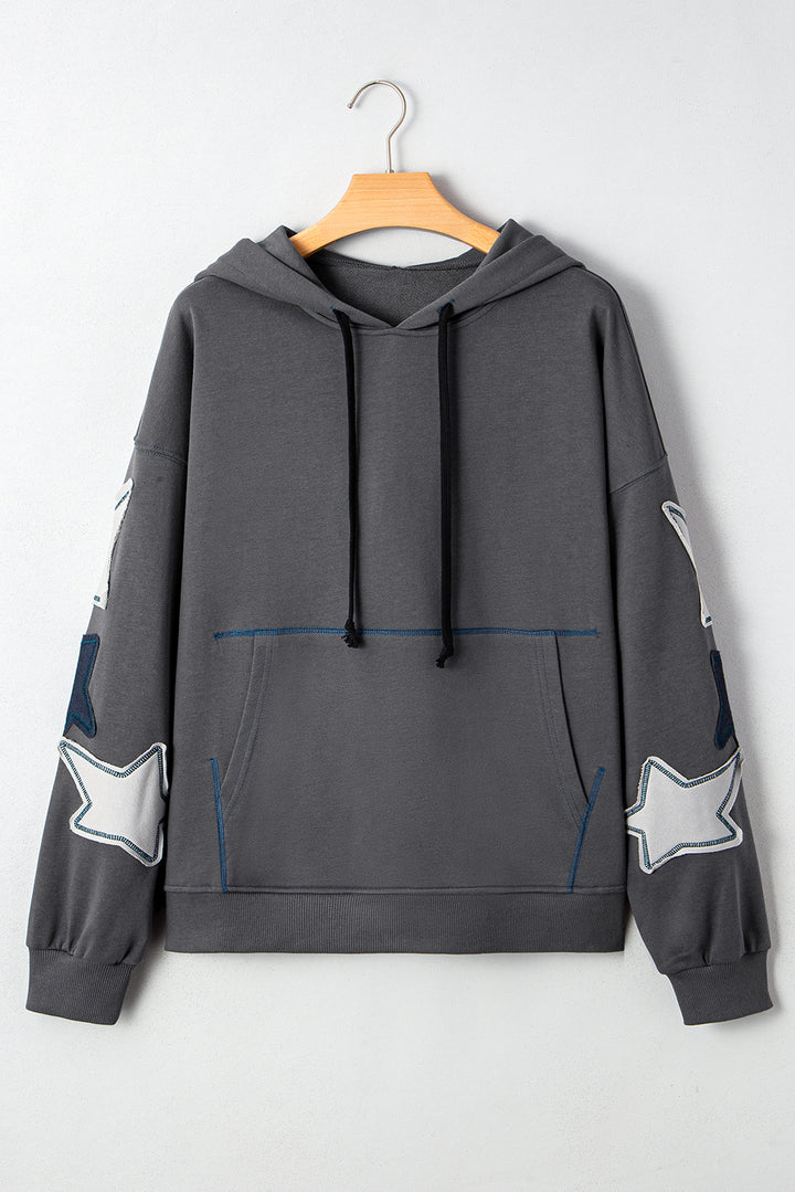 Star Patchwork Contrast Stitching Mineral Wash Kangaroo Pocket Vintage Hoodie