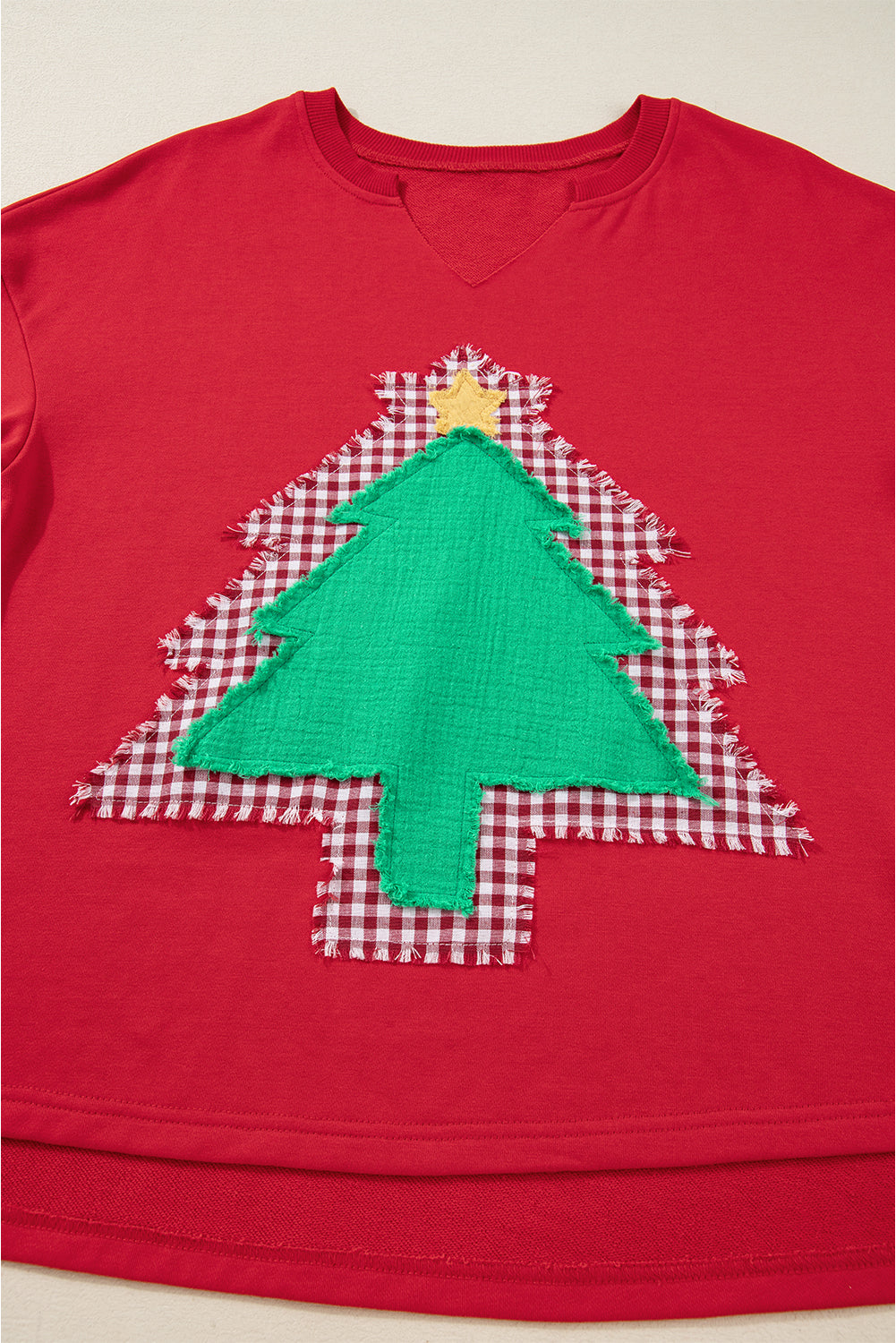 Plaid Frayed Double Christmas Tree Patched Drop Shoulder Sweatshirt
