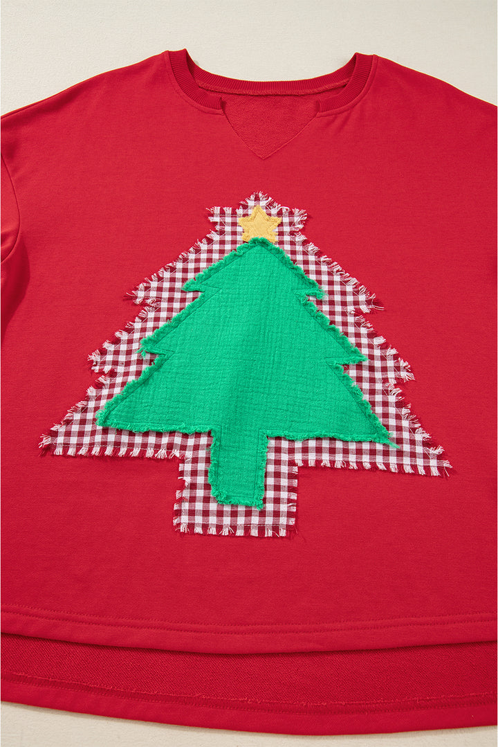 Plaid Frayed Double Christmas Tree Patched Drop Shoulder Sweatshirt