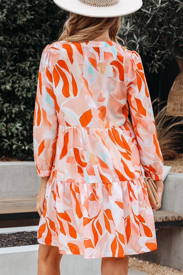 Abstract Print Split Neck Long Sleeve Dress