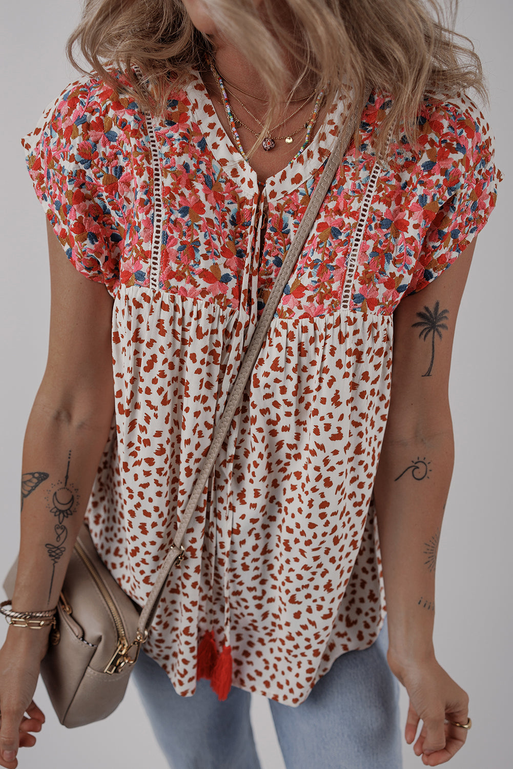 Printed Embroidery Detail Tie Split Neck Blouse