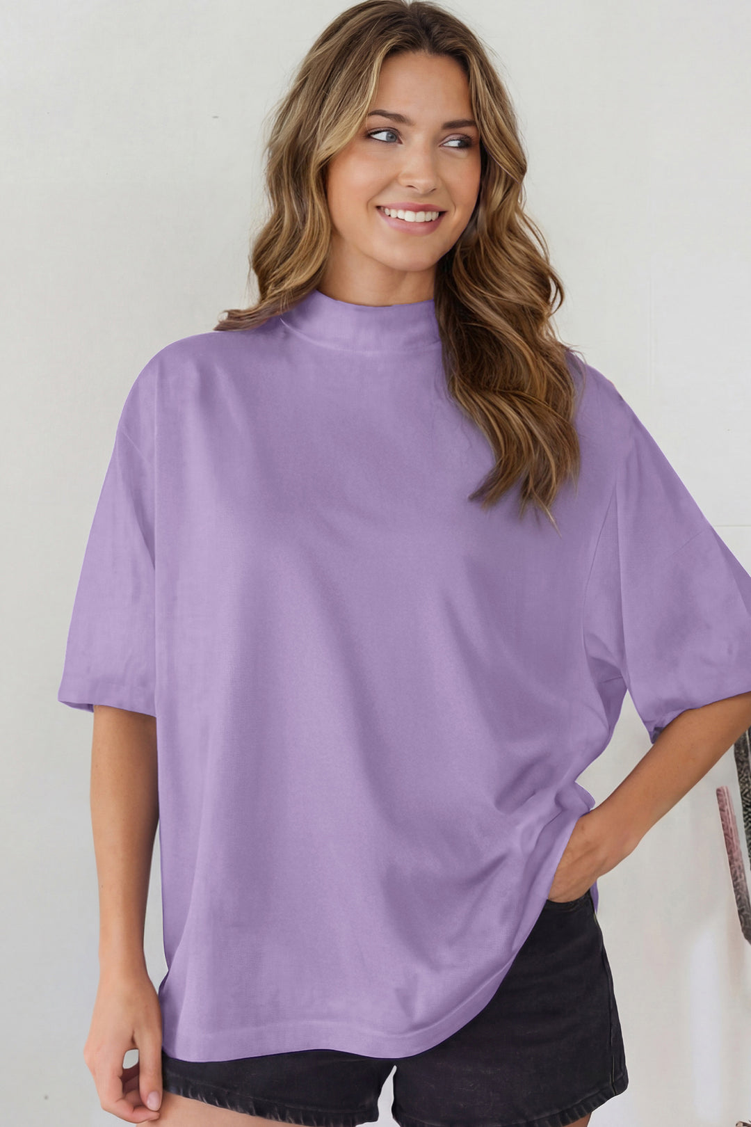 Wisteria Solid Color High Neck Oversize Tee
