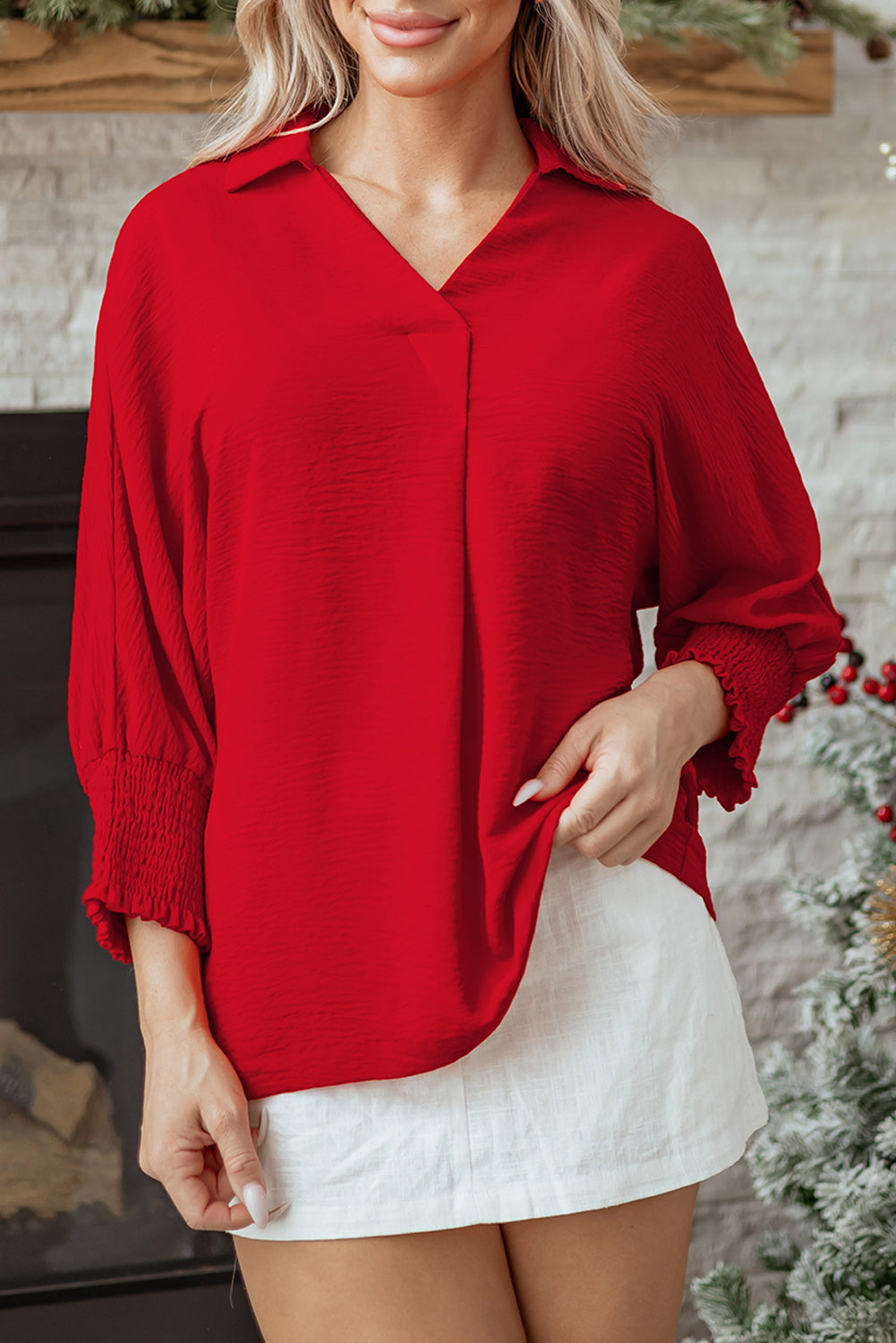 V Neck Collared Shirred 3/4 Sleeve Oversized Tunic Top