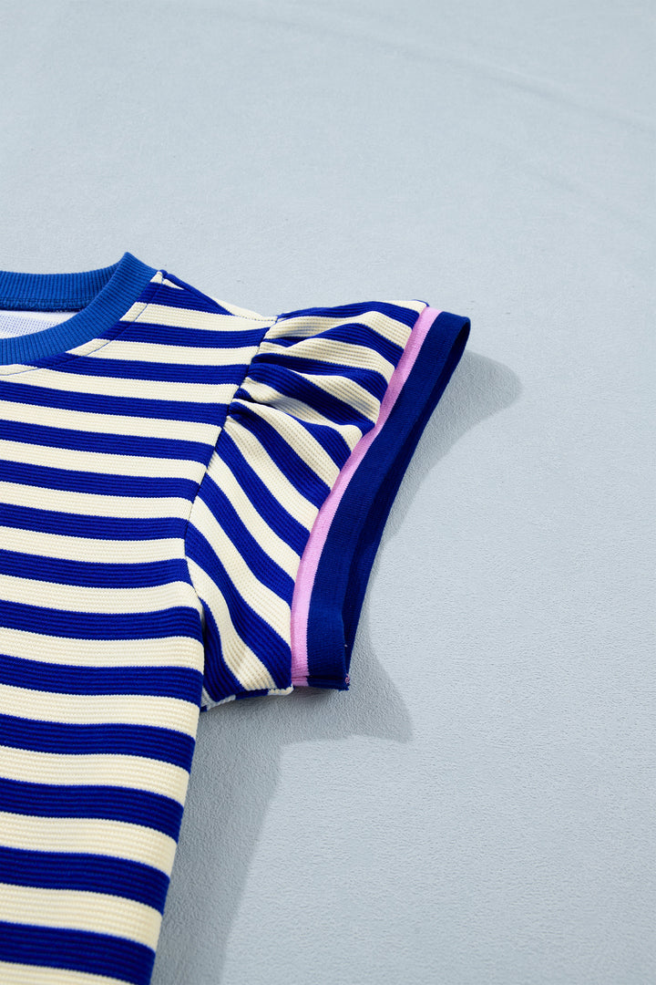 Blue Stripe Contrast Trim Cap Sleeve Top Casual Shorts 2pcs Set