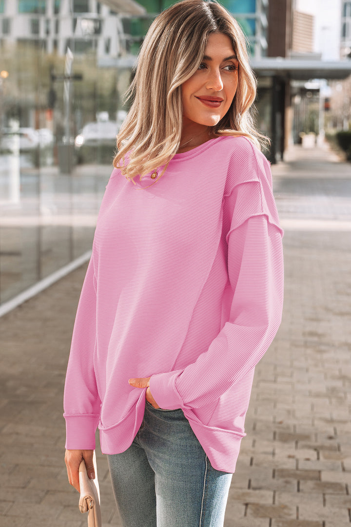 Horizontal Ribbed Exposed Seam Detail Drop Shoulder Baggy Pullover