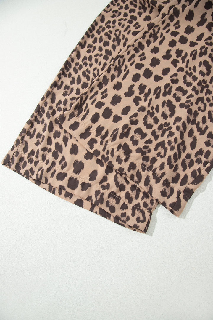 Khaki Leopard Print Square Neck Pleated Wide Leg Jumpsuit