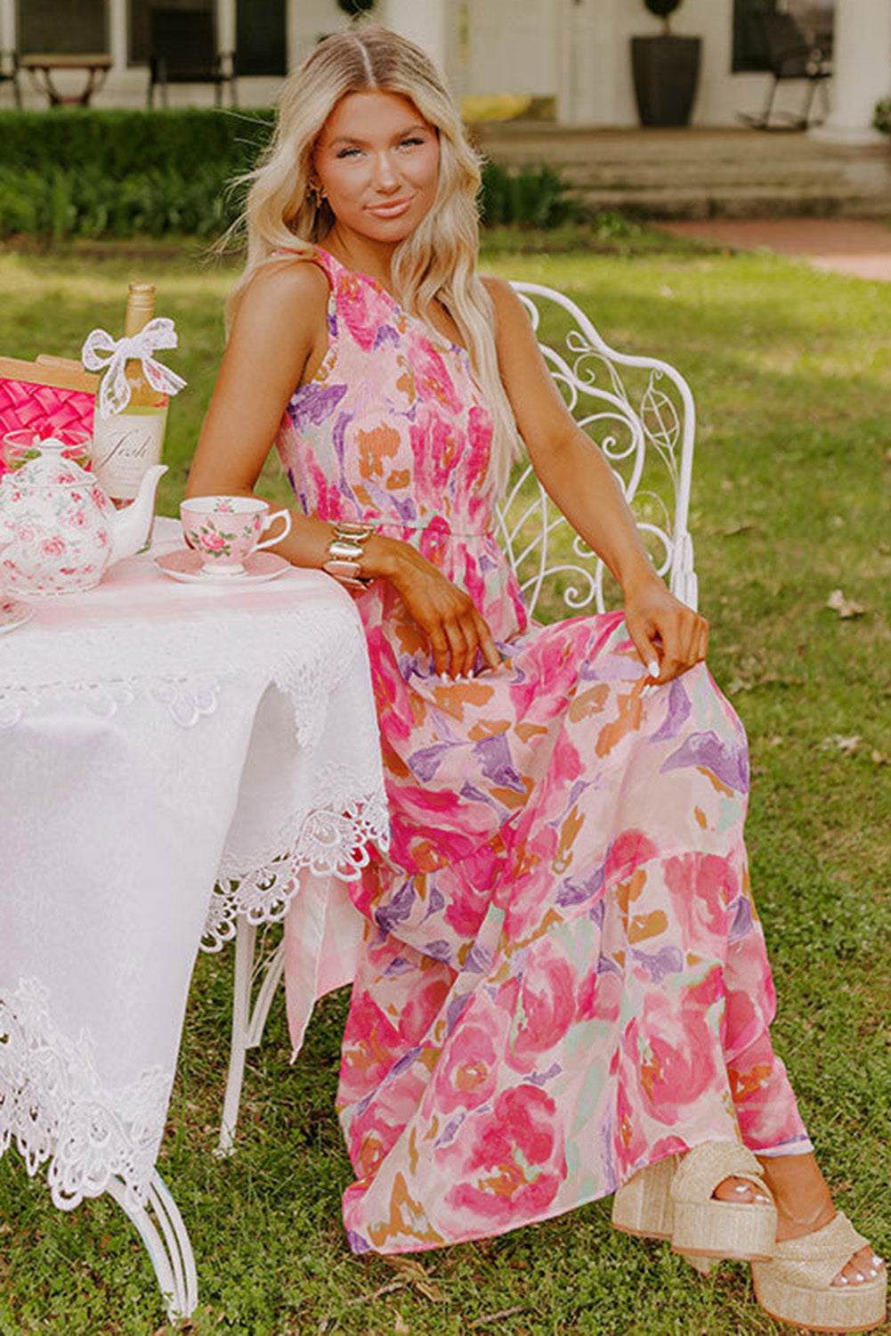 Abstract Floral Print Shirred One Shoulder Maxi Dress