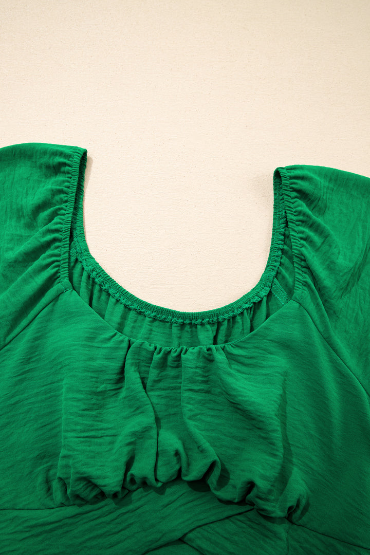 Solid Color Ruched Crossed Waist Tied Back Short Sleeve Peplum Top